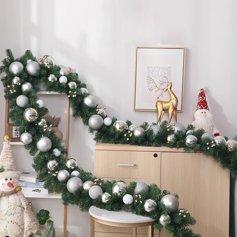 270cm Rattan-Weihnachtskranz, Adventskranz Künstlich, Türkranz Außen, Türkranz Winter, Geeignet for Treppen, Wandtüren, Innen- und Außenkranz(Silver)