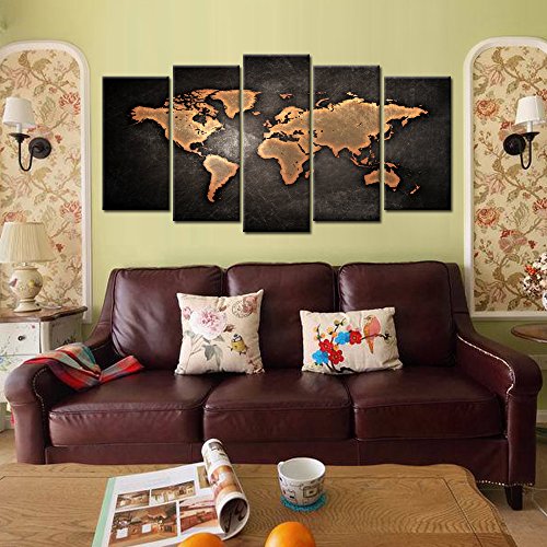 Kreative Arts - Retro World Map Poster Framed 5 Pcs Giclee Canvas Prints Vintage Abstract World Map Painting Printed On Canvas Ready To Hang For Living Room Office Decor Gift (Large Size 60X32Inch) #TOP1