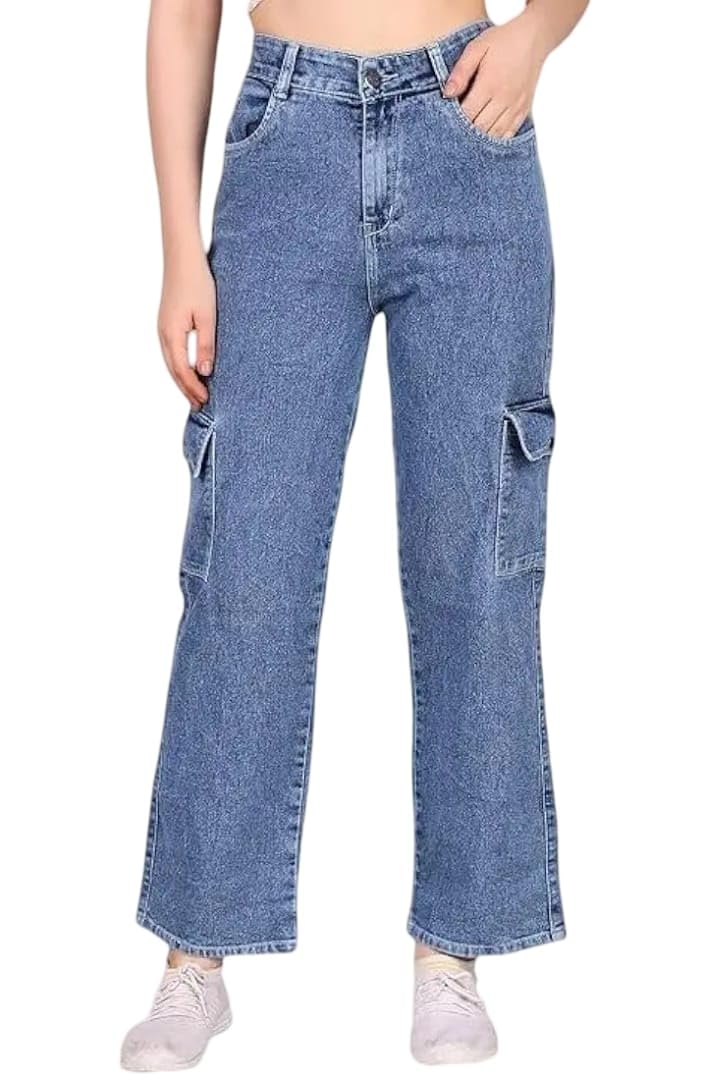 Women's Premium High-Waist Cargo Jeans, Wide Leg,Denim-image-49