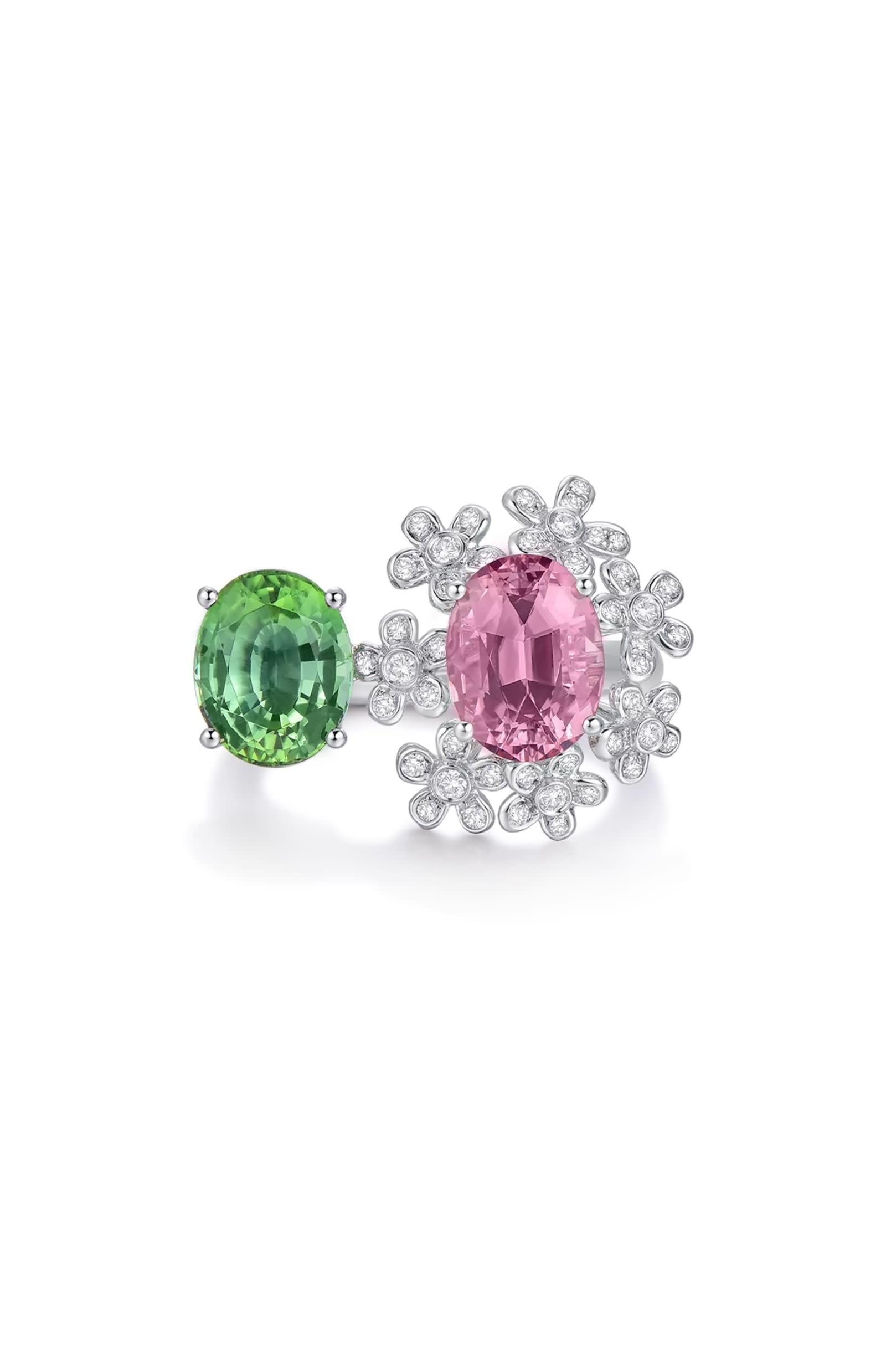 Hochzeitsringe 750 Weißgold Blume und Oval mit 4,41 ct Turmalin und Diamant, Verlobungsring Gold 750 für Freundin Größe 47 (15.0)-65 (20.7)| 9K 14K 18K Weißgold | Trendiger Modeschmuck