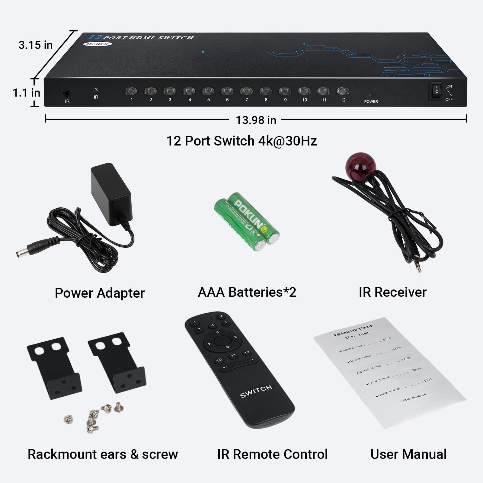 Switch HDMI a 12 Porte e 8 Porte 12 in 1 Out - Selettore HDMI 4K con Telecomando IR, 4K@30Hz Compatibile con laptop, PS5, Xbox, Fire TV, Lettore Blu-ray, Set-top Box, TV, Monitor, Proiettore