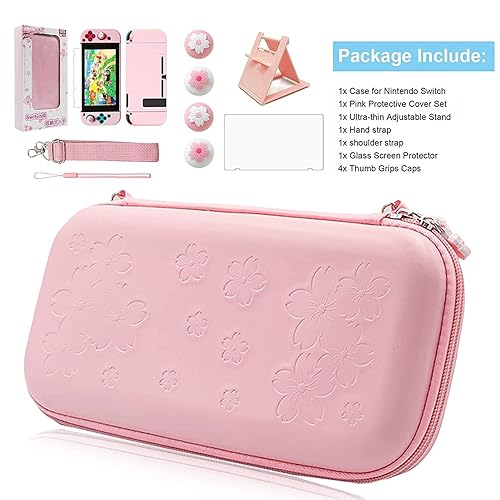 Miniatura 7 de Sakura - Kit de accesorios de transporte de viaje rosa, funda de transporte rosa compatible con Nintendo Switch. Funda protectora rígida rosa