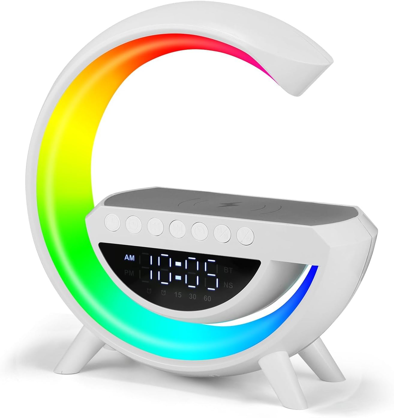 Taylor & Brown Night Light Lamp Wireless Charger, Bluetooth Speaker Alarm Clock, G-Shaped Bedroom Bedside Mood Atmosphere Lamp, Dimmable LED Table Lamp Alarm Clock, Birthday Gift for Girls Boys