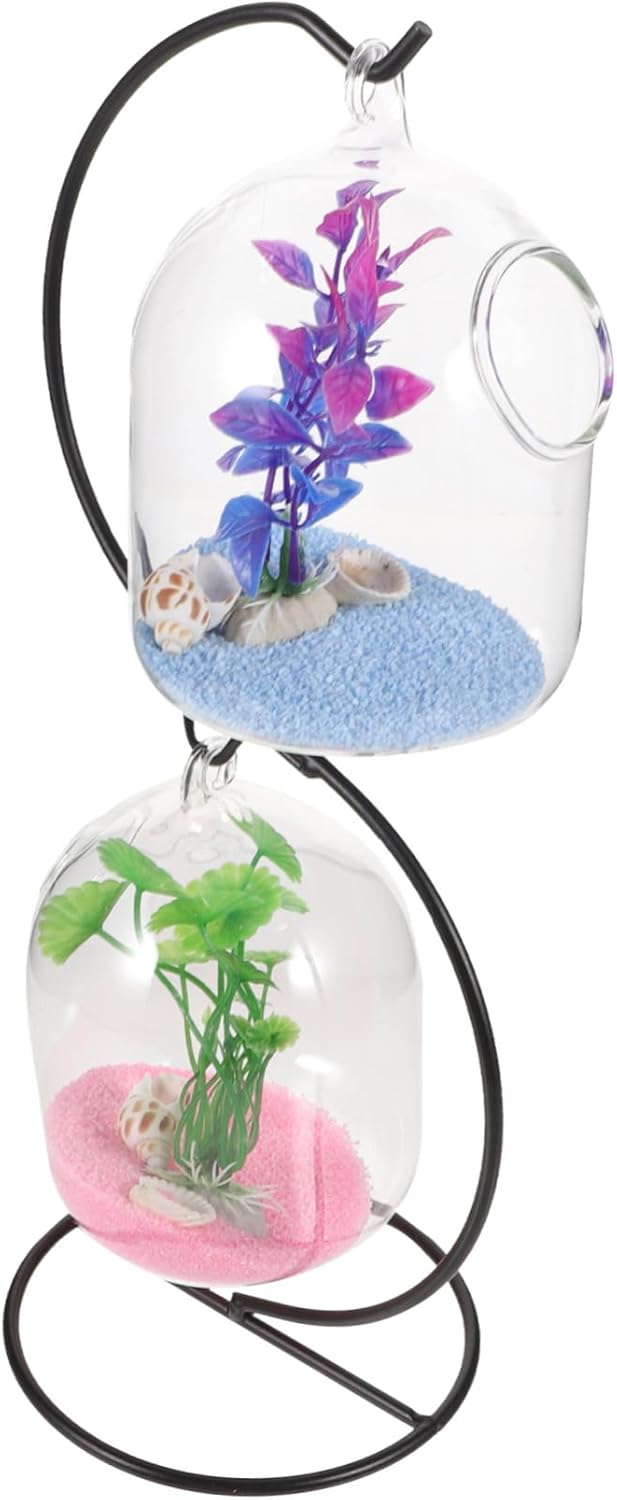BESTOYARD Desktop Hanging Fish Tank with Stand Small Glass Aquarium Fish Bowl for Betta Modern Wall Hanging Mini Aquarium for Home Office Garden Clear Suspension Design 12.99X5.90X4.92In