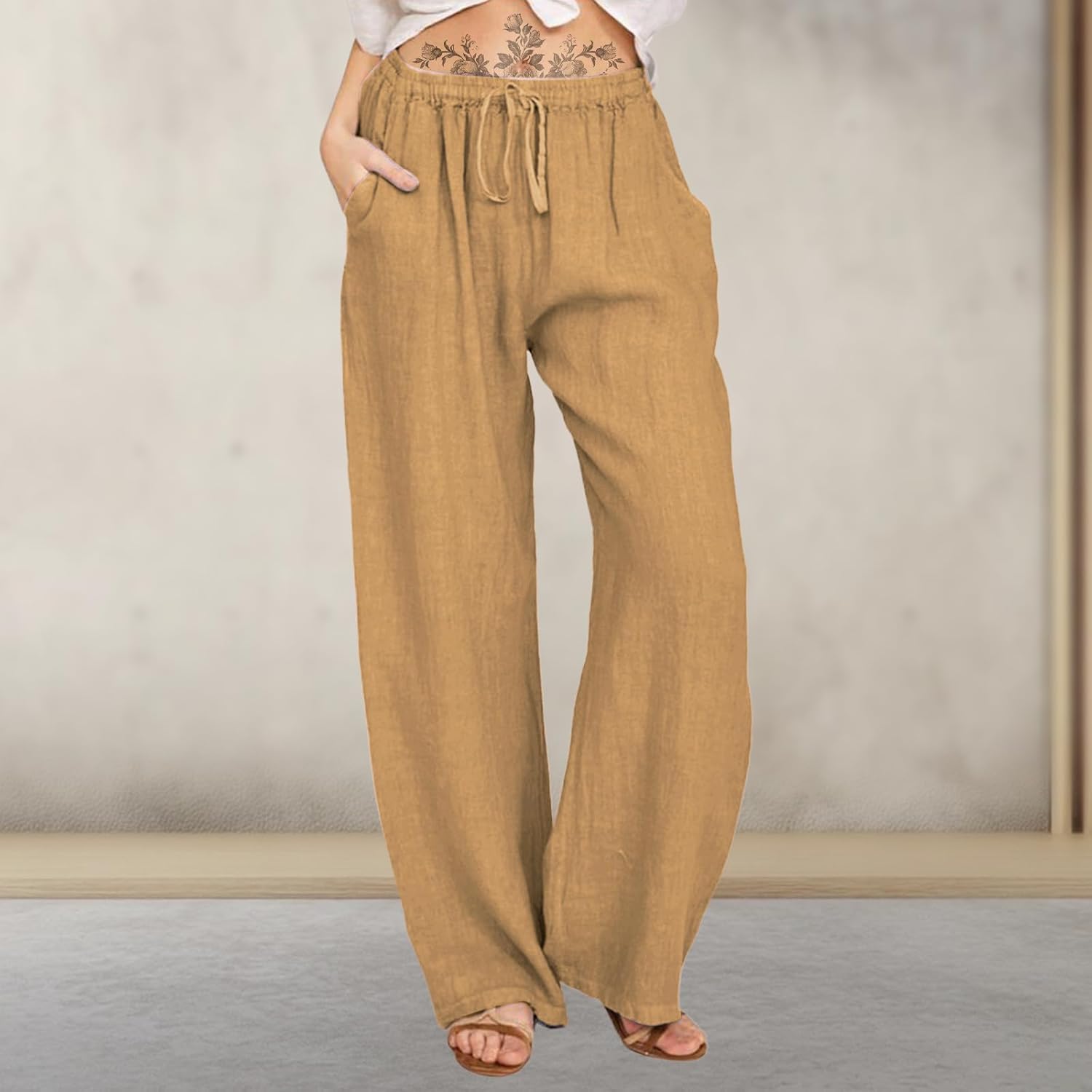 High Waisted Pants for Women Relaxed Wide Leg Plus Size Plain Comfortable Summer Long Trousers with Pockets - Image 3