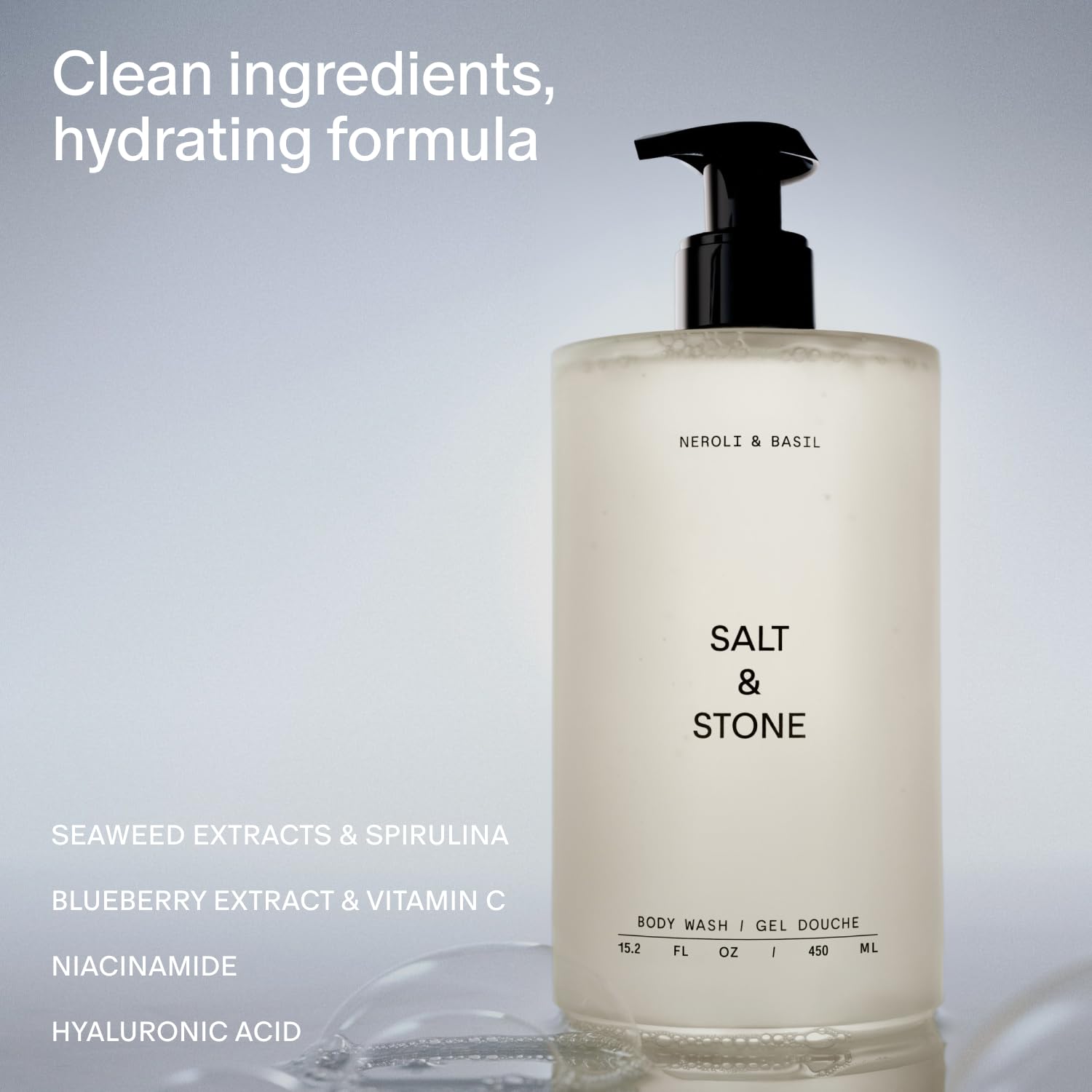 Salt & Stone Body Wash for Women & Men | Neroli & Basil | Hydrating Gel Cleanser | Clean & Soften Skin | Made with Niacinamide & Hyaluronic Acid | Free From Parabens, Sulfates & Phthalates 15.2 fl oz - Image 2