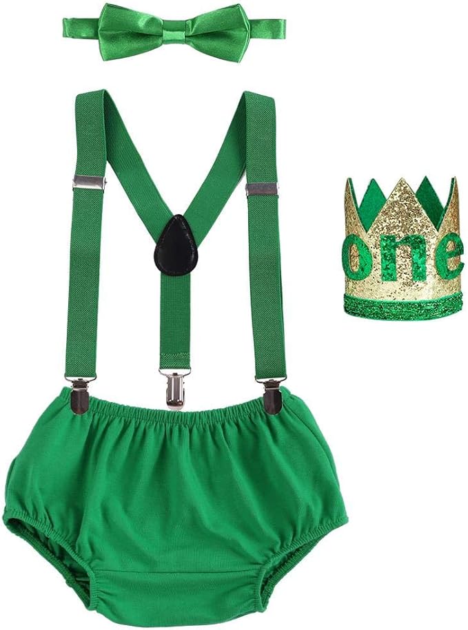 IBTOM CASTLE Baby Boy 1st Birthday Cake Smash Outfit Jungle Wild ONE Shorts+Suspenders+Bowtie+Crown 4pcs Set for Photo Shoot