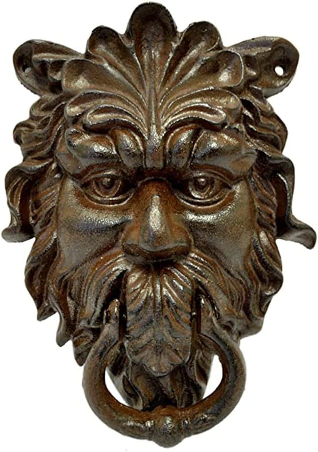 Large 10" Victorian Brown Cast Iron Old Man Greenman Face Door Knocker