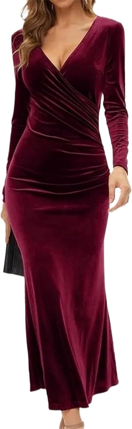 MOTIM Womens Wrap V Neck Long Sleeve Velvet Party Ruched Bodycon Cocktail Party Dress Evening Dress Long Skirt for Lady
