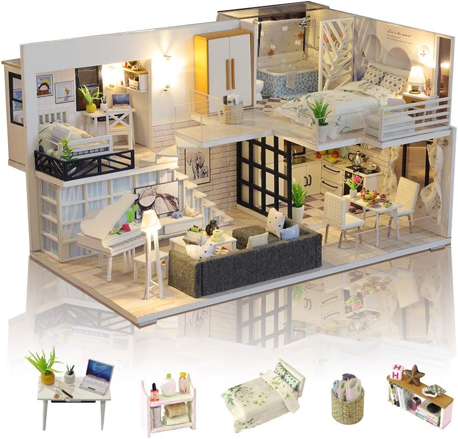GuDoQi Miniature Dolls House Kit with Music, DIY Miniature House Model Kits to Build, Handmade Crafts for Adults to Make, Room Decoration, Make Your Own Birthday, Simple Life