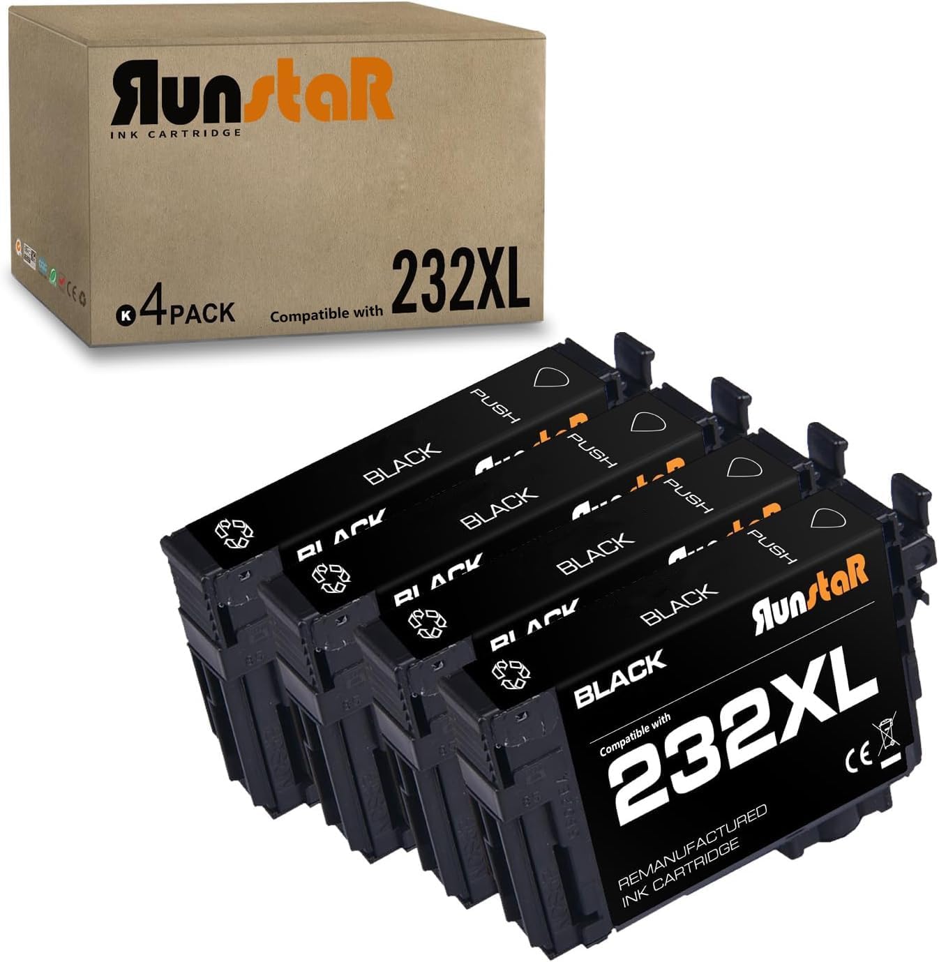 Run Star 4 Packs Remanufactured for 232XL T232XL Black Ink Cartridge Replacement for Epson 232XL T232XL use for Expression Home XP-4200 XP-4205 XP4205 Workforce WF-2950 WF-2930 Printer (4 Black)