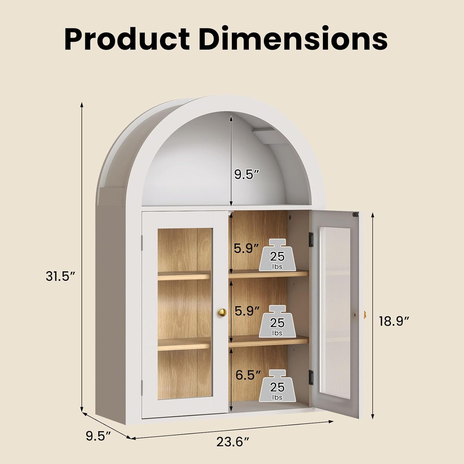 EAG Arched Wall Cabinet, Bathroom Medicine Cabinet with Glass Doors & Adjustable Shelves, Floating Storage Cabinet for Wall Over The Toilet Storage Cabinet Space Saver, White