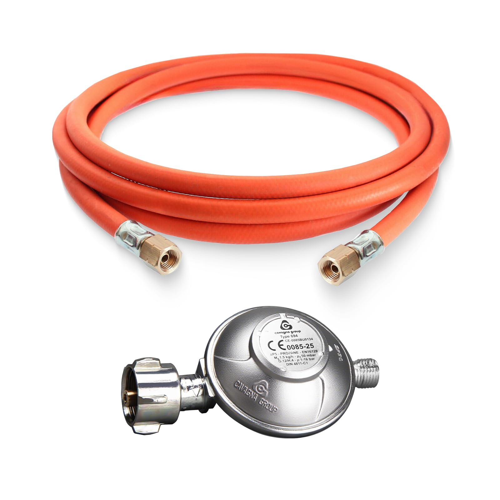 DOMINOX 1.5m Gasschlauch mit 50mbar Gasdruckregler, Industrial Gasschlauch 150cm mit Schelle 2×1/4" lks und 50mbar Druckminderer