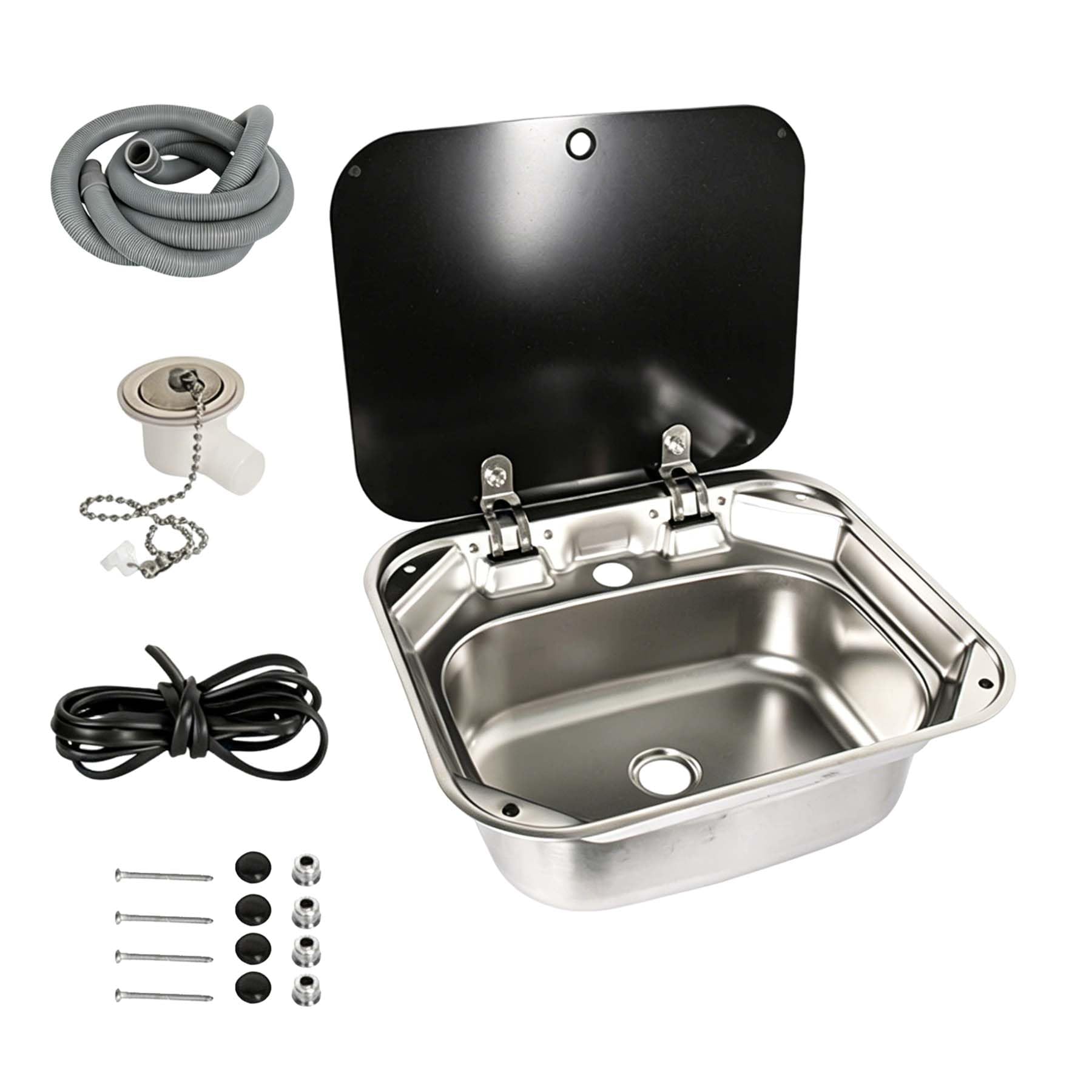 Fregadero Camper,Fregadero de Cocina de Acero Inoxidable,Portátil para Caravana y Camping, Kit de Acero Inoxidable con Grifo Plegable y Tapa de Vidrio Templado(37 x 15 x 42 cm sin grifo)