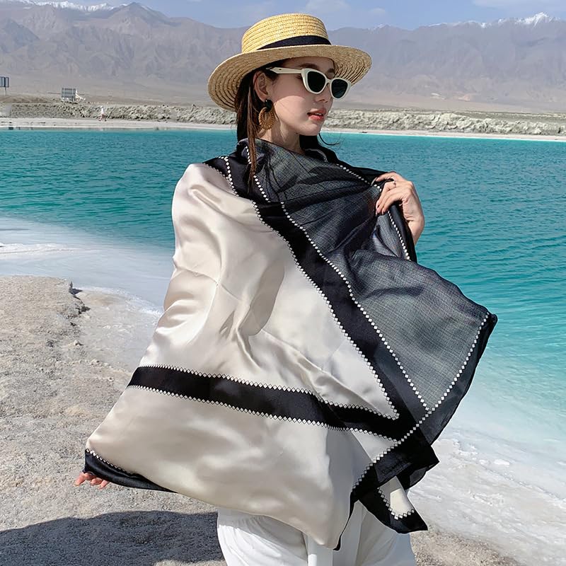 Image of Alexvyan Satin Silk Summer Scarves 170 x 84 cm, Black & Grey Colour with Stitched Border, Lightweight Fashion Scarf for Women Sun Protection Stole