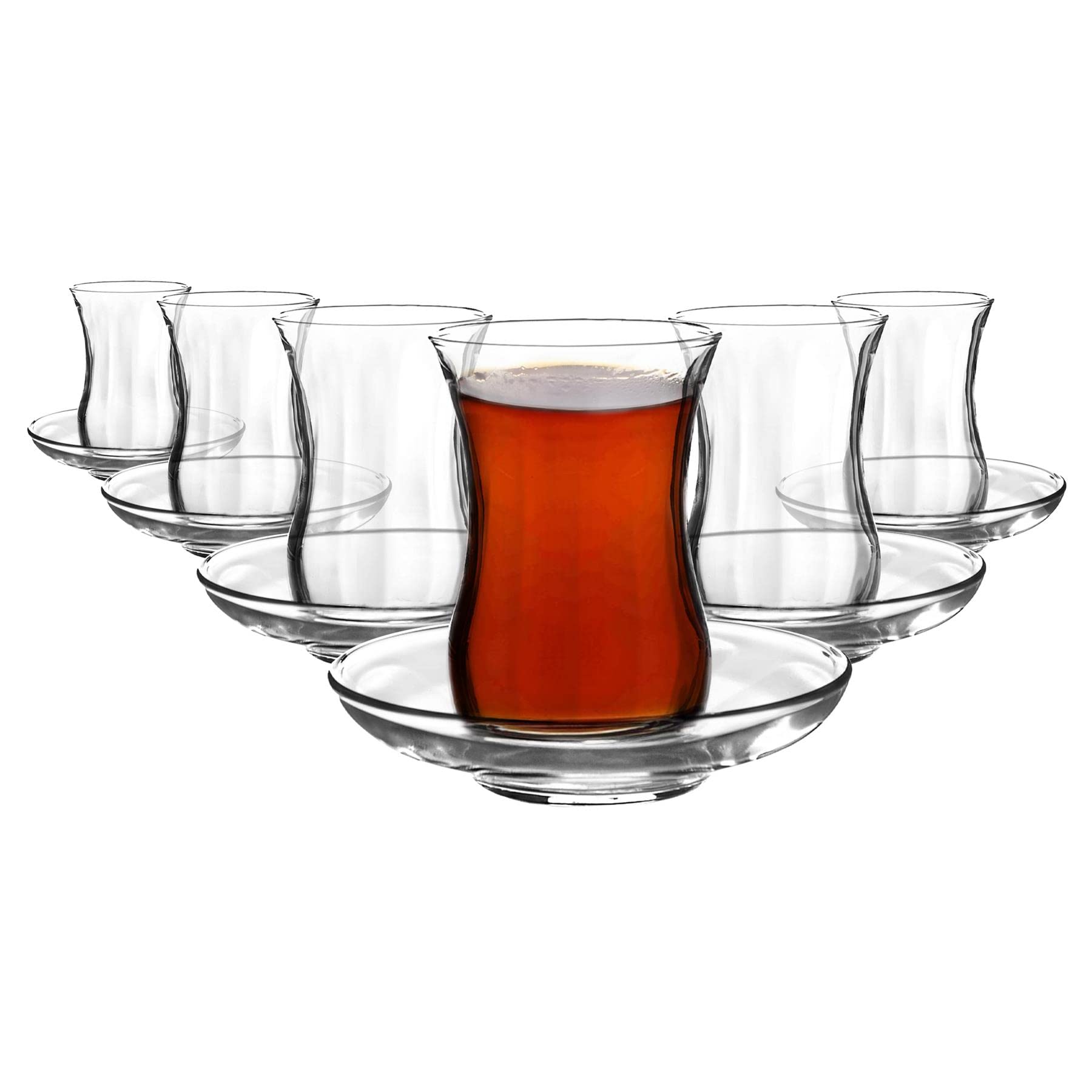LAV 12pc Clear Dimpled 115ml Klasik Glass Tea Cup & Saucer Set - Small Vintage Kitchen Coffee Cappuccino Espresso Teacup Mugs