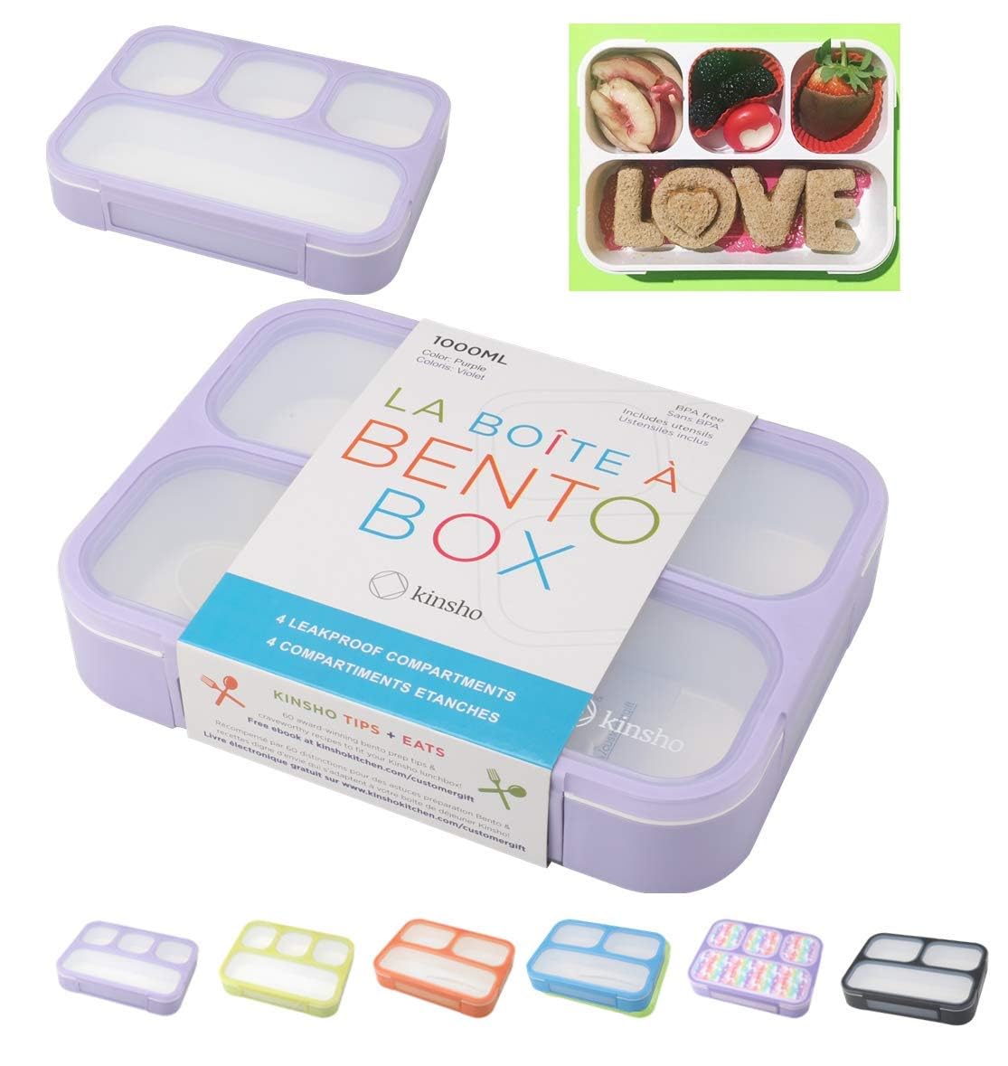 Kinsho Bento - Contenitore Per Il Pranzo 4 Scomparti, Viola. Con Posate E Ricettario. Ideale Per Bambini, Adulti, Scuola E Lavoro. Senza BPA. - 3
