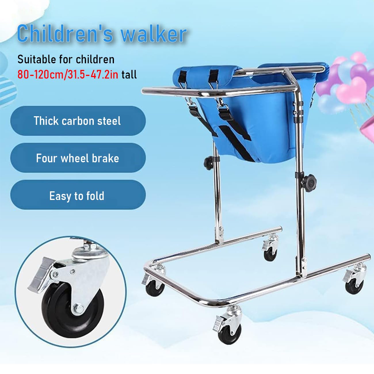 Andador plegable ajustable para niños, marco con ruedas y asiento, andador móvil para rehabilitación de parálisis cerebral y ayuda de movilidad mejorada
