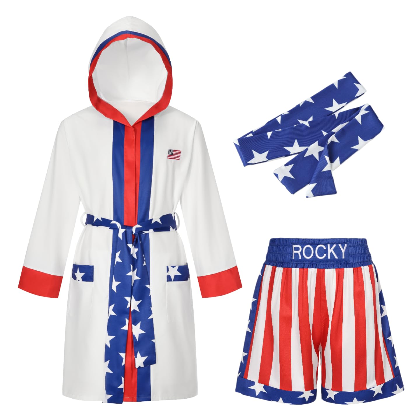 Giftdigger Adult Boxing Costume for Men,Rocky Costume Women and Men,American Flag Boxing Costumes,USA Boxer Suit,Rocky Balboa Shorts,Satin Robe,Belt,S