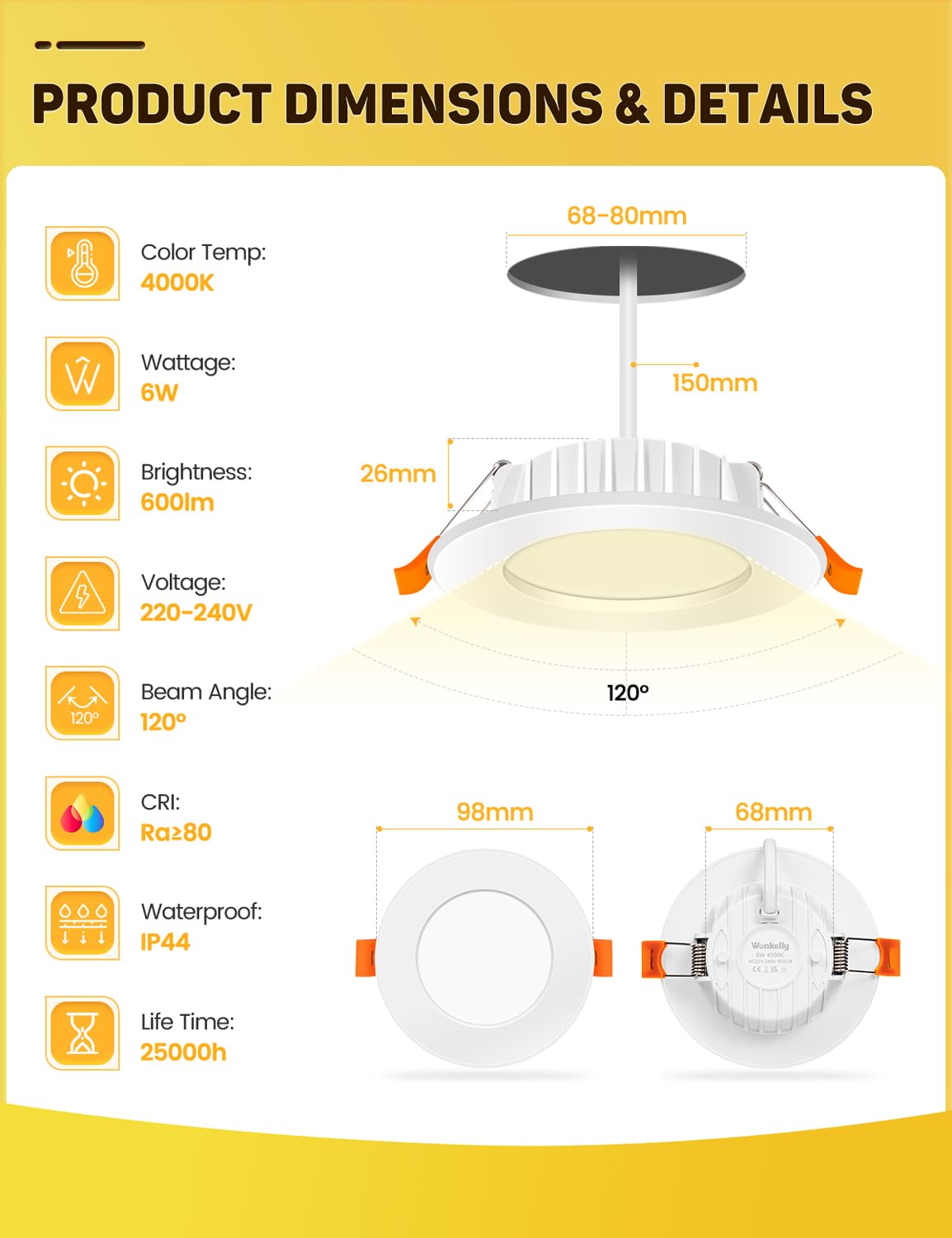 Focos LED Empotrables 230V, Plafones planos 6W, Spot LED IP44, Blanco Neutro 4000K, 600 lúmenes, Corte 68-80mm