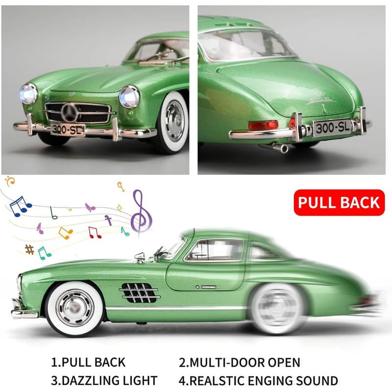 Image of Kids Model 1:24 Vintage 300 SL Classic Die Cast Metal Car Pull Back Action Opening Doors with Realistic Engine Sound Lights Toy Car Gift for Boys - Red