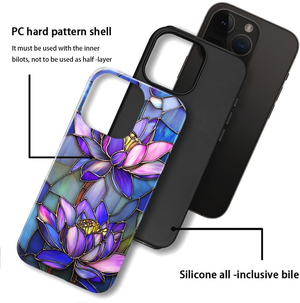 DAIZAG Case Compatible with iPhone 15 Pro Max,Glossy Durable Shock Protection Cover for Girl Women,Stained Glass Purple Lotus Flowers - Image 3