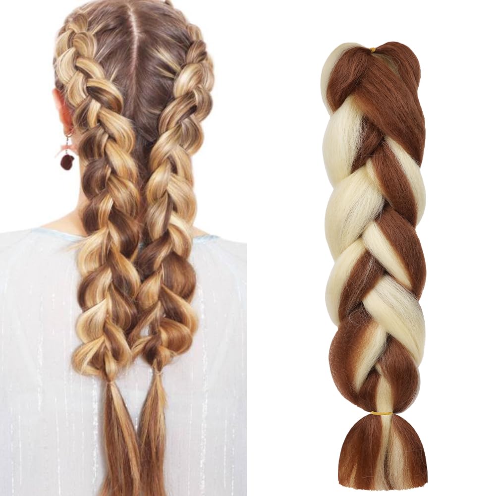 Aomig Braids Extensions, 2 Farben Kunsthaar zum Einflechten, 24" Haarsträhnen zum Braiding Hair，Einflechten Haar Flechten Extensions für Haar Box Braid zum Einflechten Zöpfe(Braun/Cremefarben)