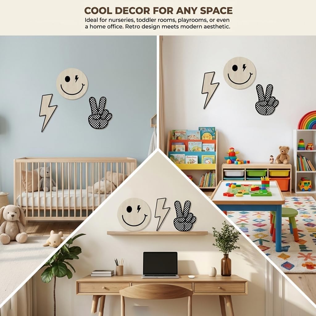 Bnesi 3 Piece Boy Room Wall Decor Features Lightning Smile Peace Sign Designs Suits Toddler Little Boy Room Spaces Cool Retro Boy Room Accessories For Boys Room Decor (Lively)