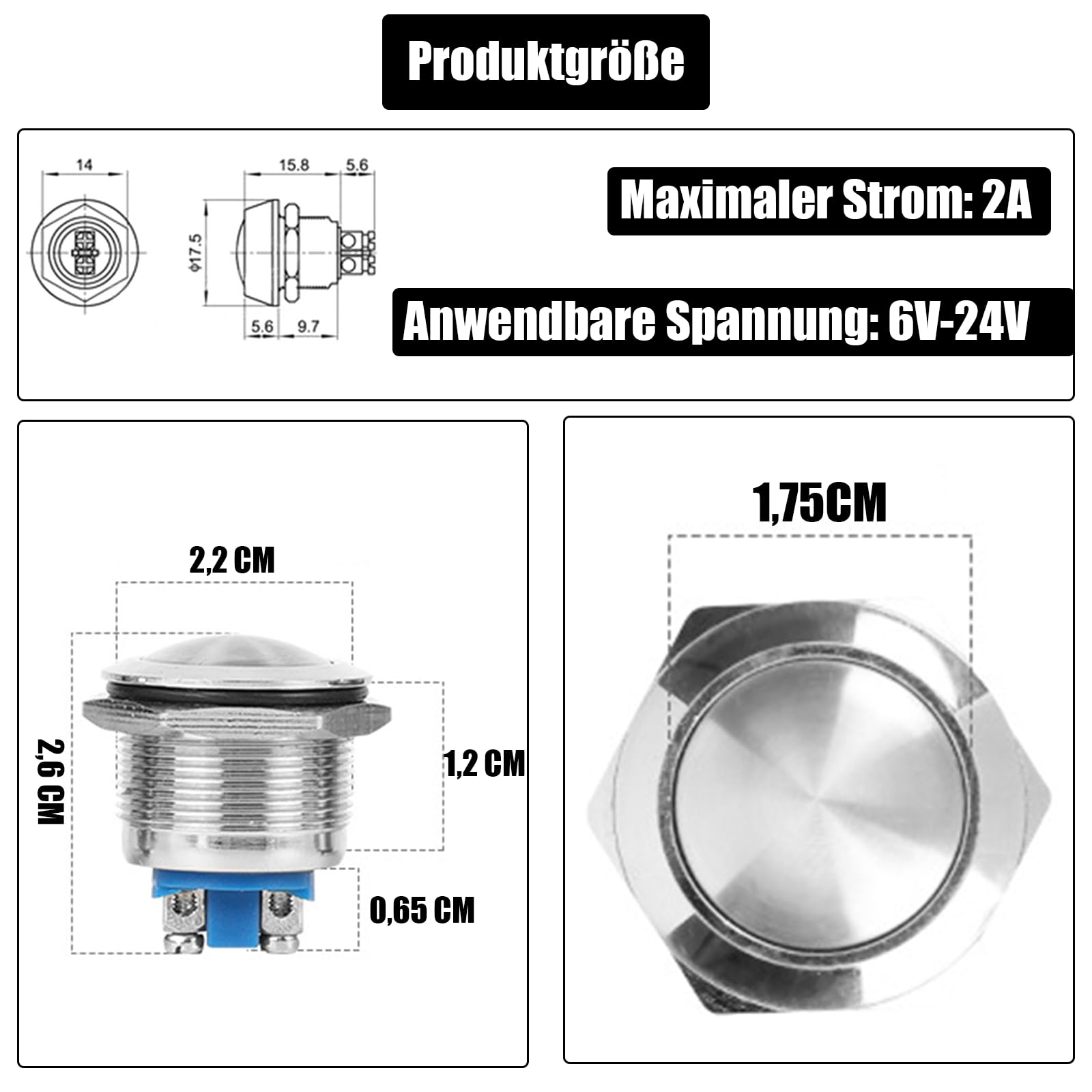 Powice 2X 22mm wodoodporny przełącznik z kulistą głowicą, okrągły z śrubami, metalowy przełącznik wciskany, przełącznik chwilowy 2A/6V/12V/24V Nadaje się do klaksonów, dzwonków samochodowych