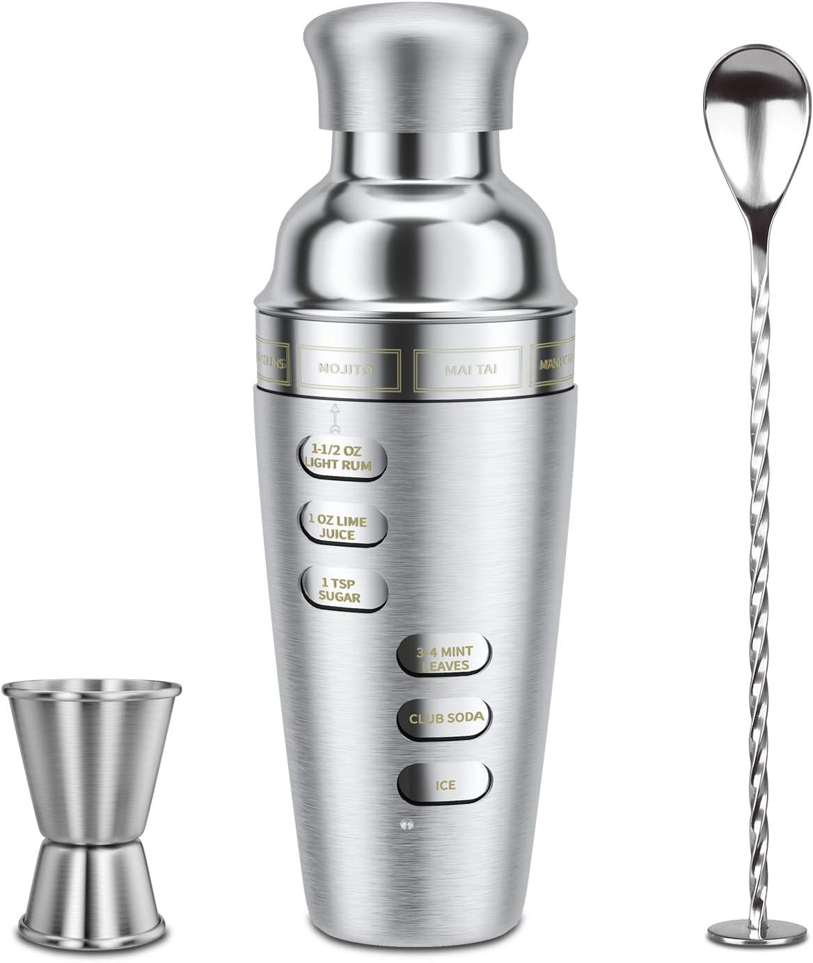 Cocktail Shaker Martini Shaker Set with Recipe, 24 oz Martini Shaker Drink Shaker Drink Mixer Stainless Steel Cocktail Shaker Set Bartender Kit