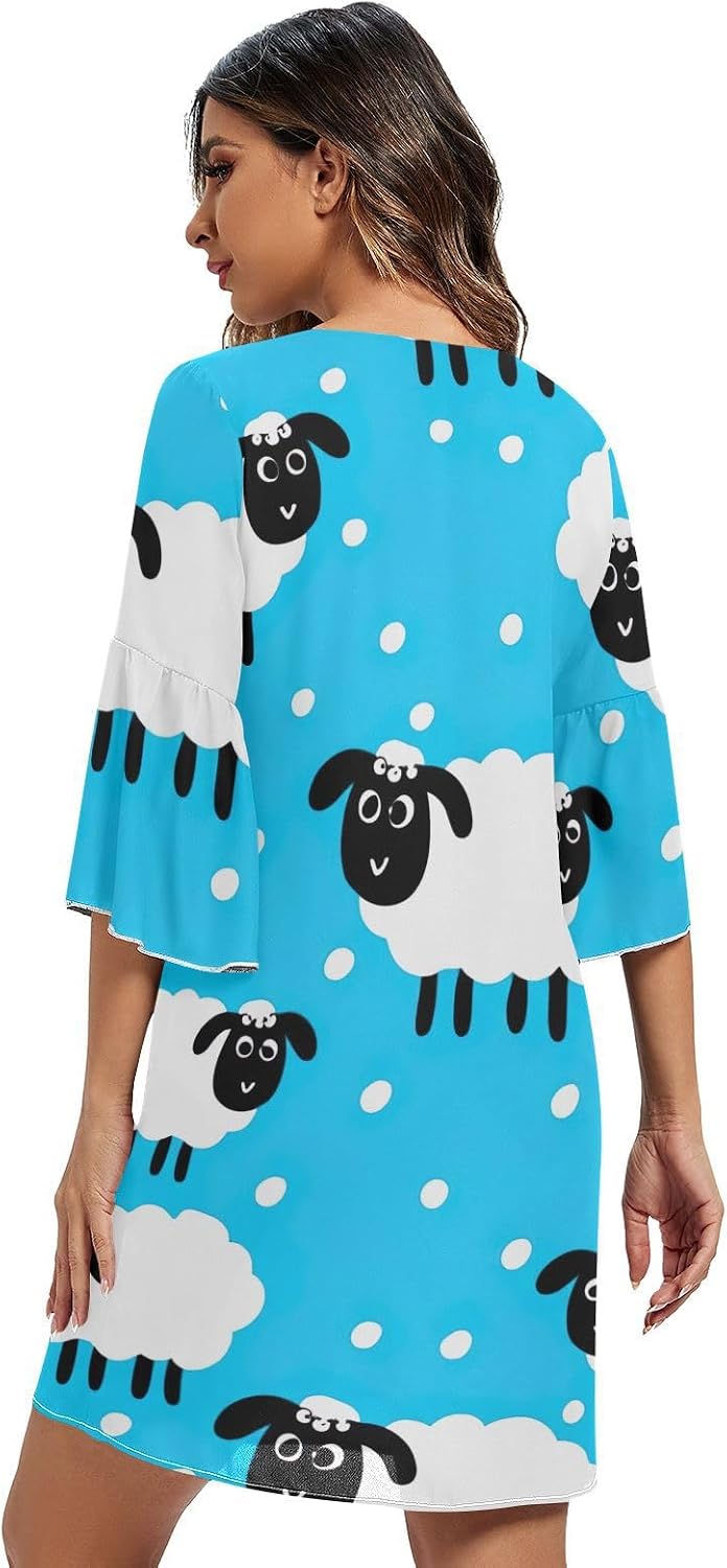 Cute White Sheep Blue Casual Chiffon Dress Printed Line Maternity Dress S-XXL
