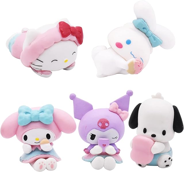 Kuromi Figures Sanrio Action Figures PVC Model Cake Toppers Party Supplies Figurines Include Kuromi Cinnamon Dog Pochacco Melody Hello Kitty Set of 5 Mini Figures Cake Decoration