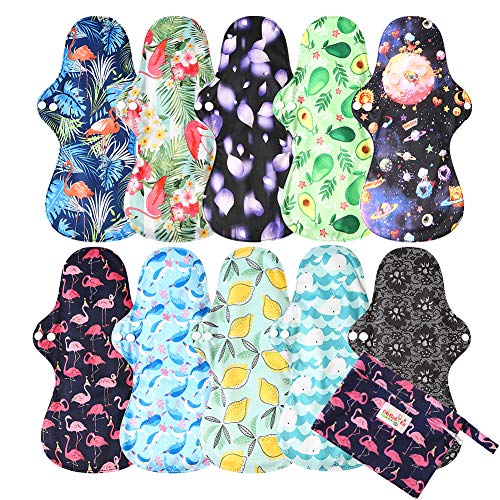 13'' Women Pantiliners Washable for Night, Organic Bamboo Natural Sanitary Pads, Reusable Sanitary Pads,Pack of 5 with 1 Mini Wet Bag (WSD-XL-10pcs) Cover