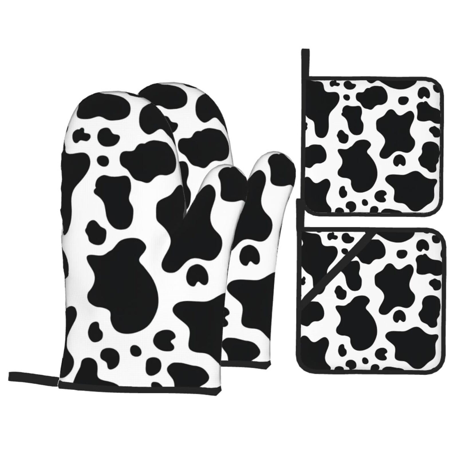 Black And White Cow Print Stylish Heat-Resistant Oven 4-Piece Set Kitchen Gloves Roasting Daily Cooking
