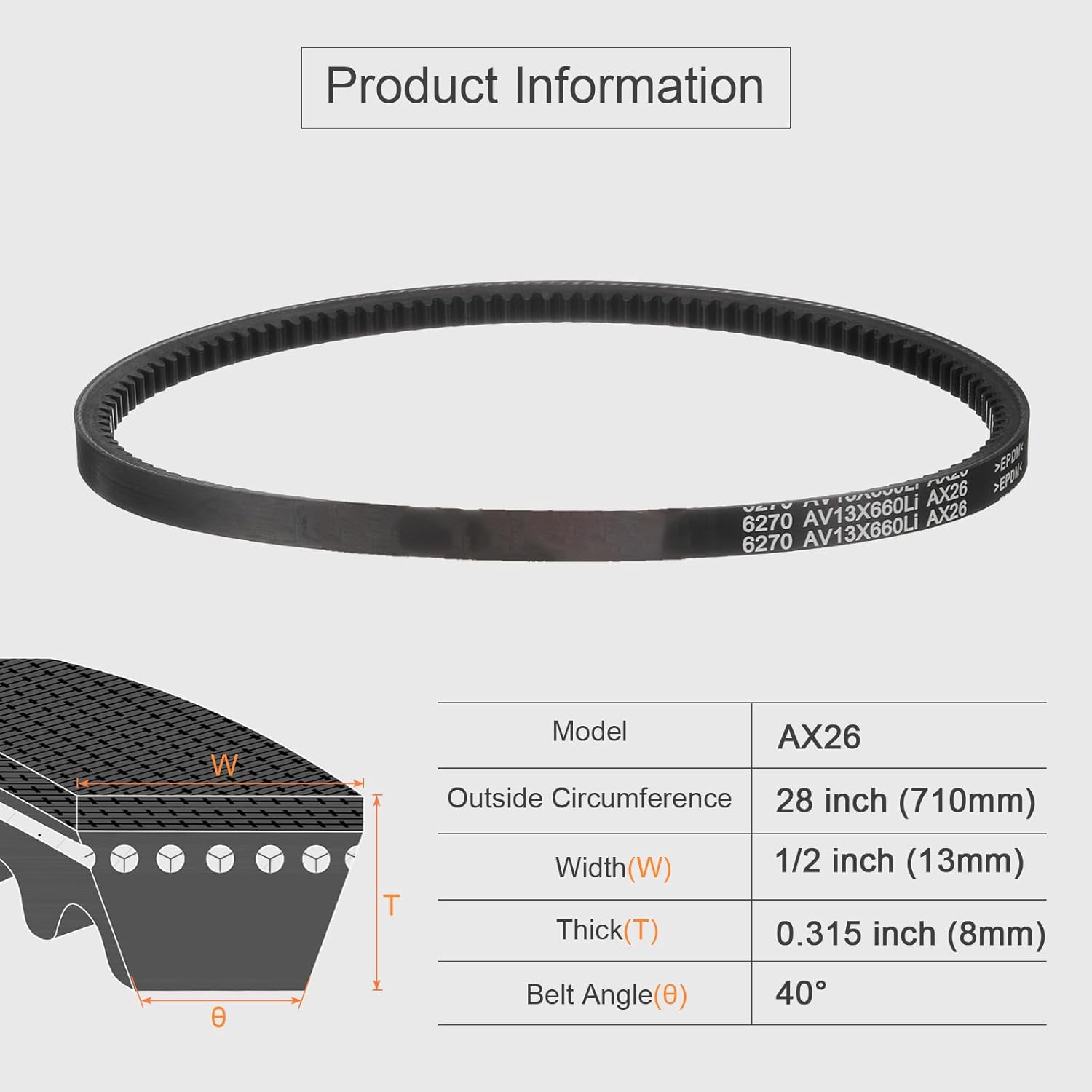 uxcell 3 Pcs AX26 EPDM V-Belt, Raw Edge Cogged Industrial Rubber V Belt 1/2" Width x 26" Inside Circumference