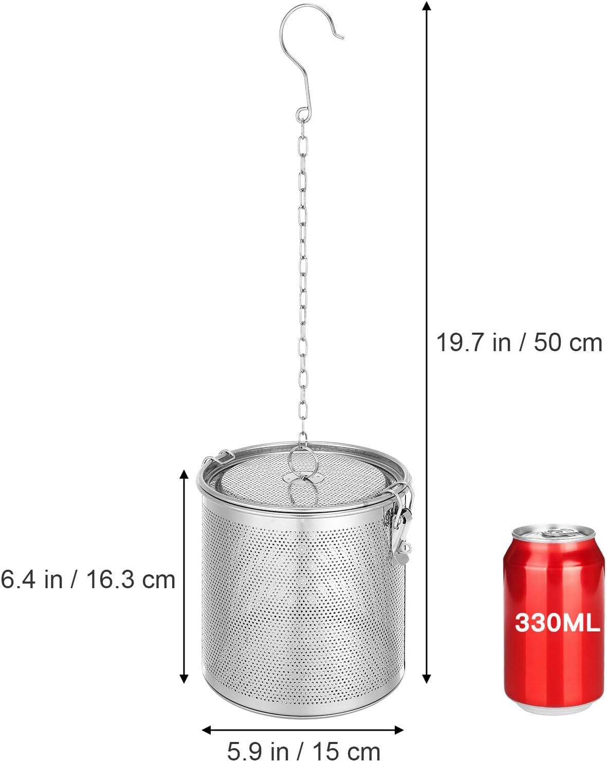 Bola de especias para cocinar, colador de condimentos, infusor de té de acero inoxidable 304, filtro de malla para hojas sueltas, sopa de té, gran capacidad y gancho de cadena extendido (16 x 16 x 16