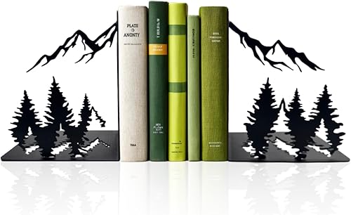 Sujetalibros resistentes de hierro negro mate, diseño de montaña grabado con láser, tapones decorativos para estantes para libros, organizador de