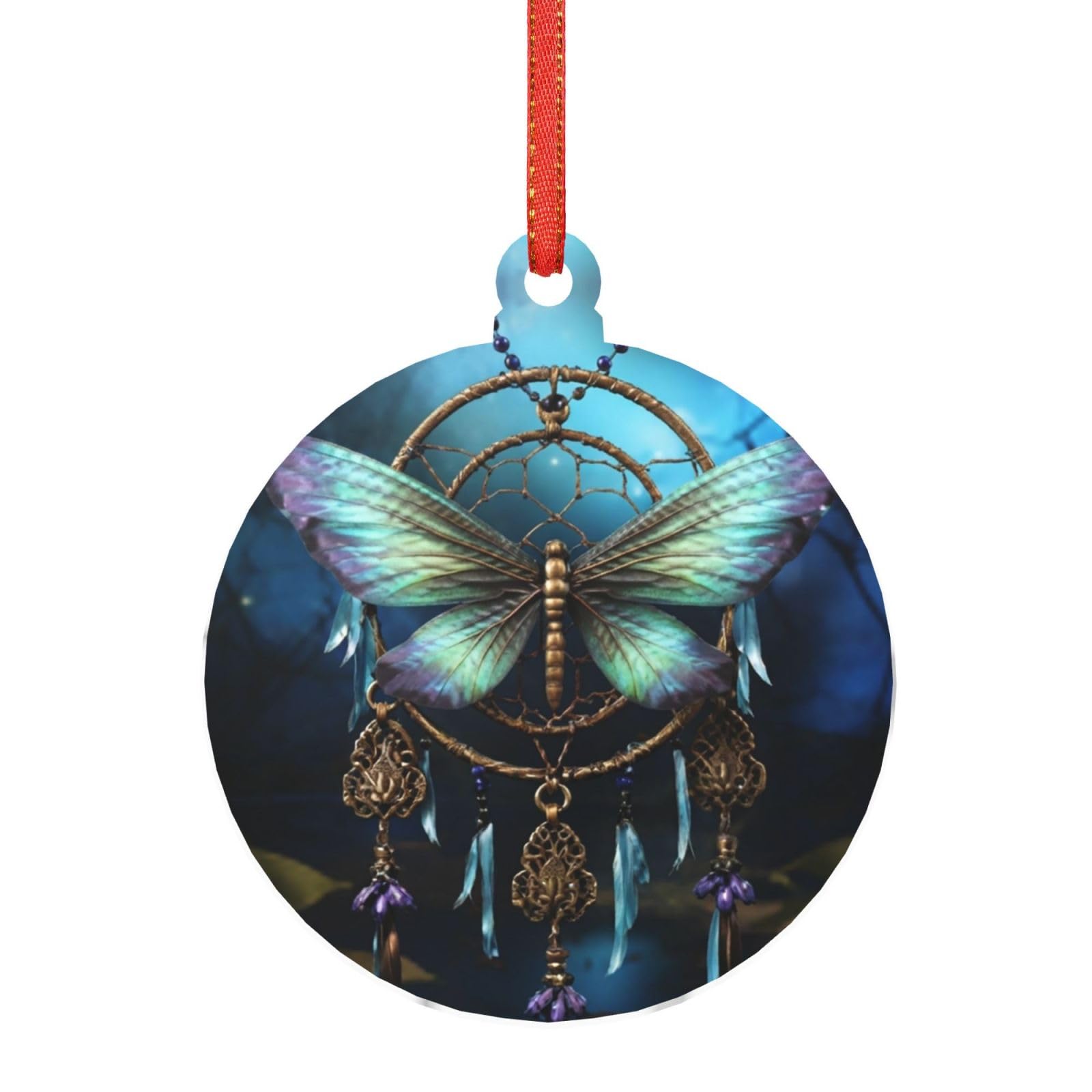 Acrylic Ornament Christmas Tree Decoration Clear Round Pendant with Red Ribbon Dream Catcher Dragonfly Christmas Ornaments Indoor Outdoor Hanging Acrylic Pendants for Xmas Party Decor
