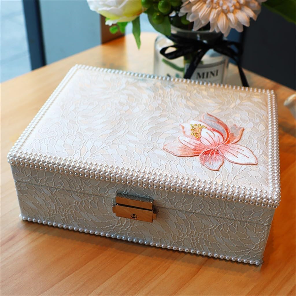 Vintage Pu Leather Jewelry Box European Wooden Lock Storage(white-Dinosaur Doodle4)