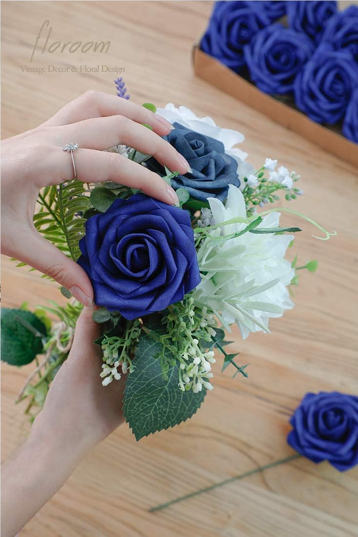 Floroom Artificial Flowers 25pcs Real Looking Royal Blue Foam Fake Roses with Stems for DIY Table Centerpieces Party Home Decorations - Image 2
