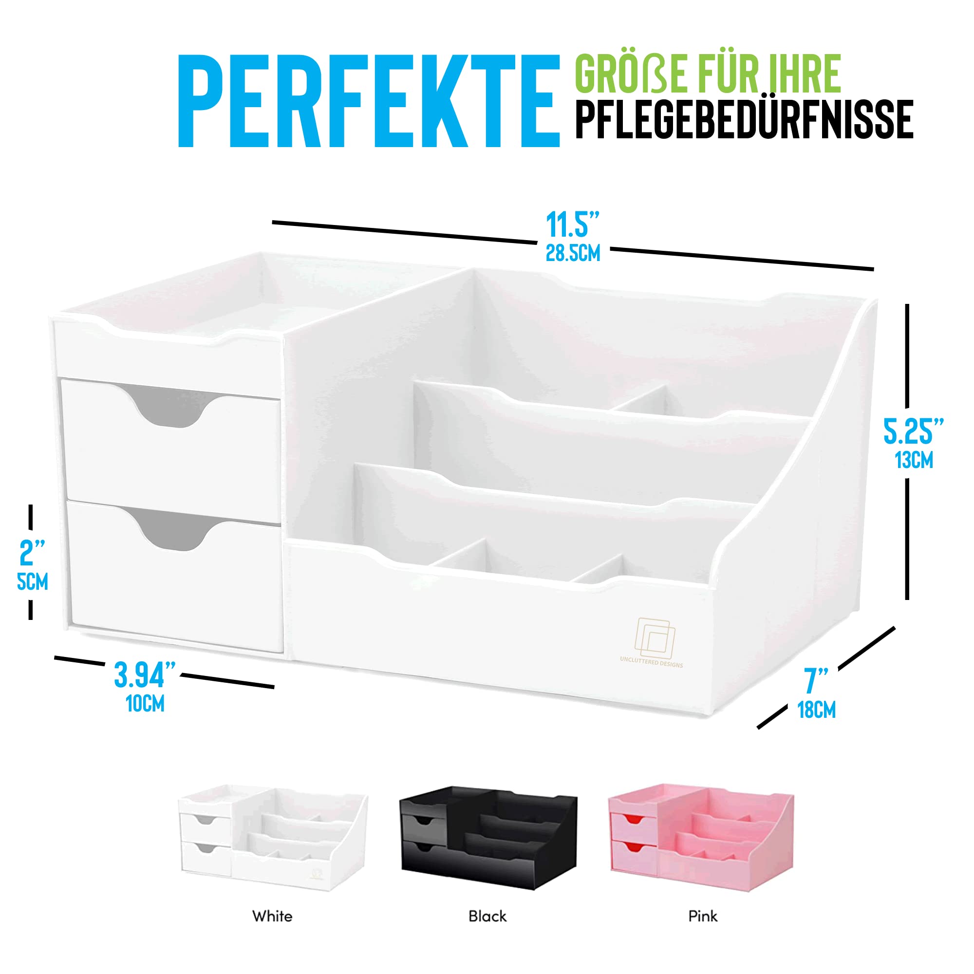UNCLUTTERED DESIGNS Großer Weißer Schminktisch-Organizer - Kosmetik Aufbewahrung, Schönheit, Haare, Nägel, Parfüm & Hautpflege - Perfekt Bad & Schlafzimmer Schreibtisch Organizer Schubladen