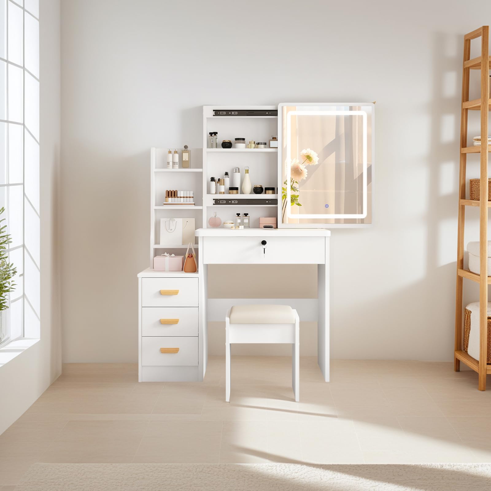 DATO Tavolo da toeletta con illuminazione a LED, 3 temperature di colore e luminosità regolabili, tavolo da toeletta con sgabello, tavolo da toeletta con 5 cassetti e 3 ripiani, tavolo da toeletta con