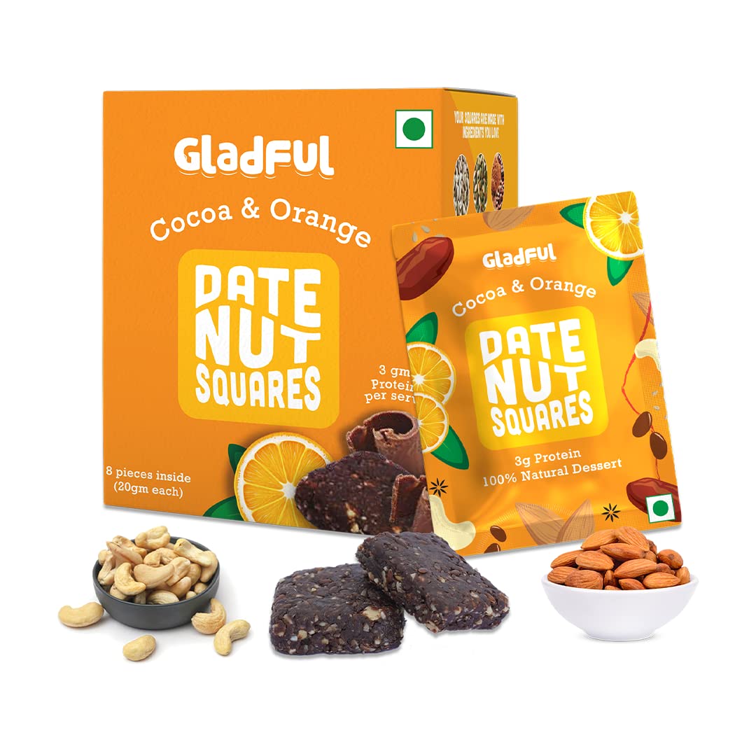Gladful Cocoa & Orange Date Nut Square - A Healthy, Sugar-Free, Dates and Dry Fruits Based Dessert Bites/ Barfi/Chakki For Kids and Families | High in Protein & Fiber, source of Instant Energy (20gram X 8) (B0BPXCDL12) Amazon Price History, Amazon Price Tracker