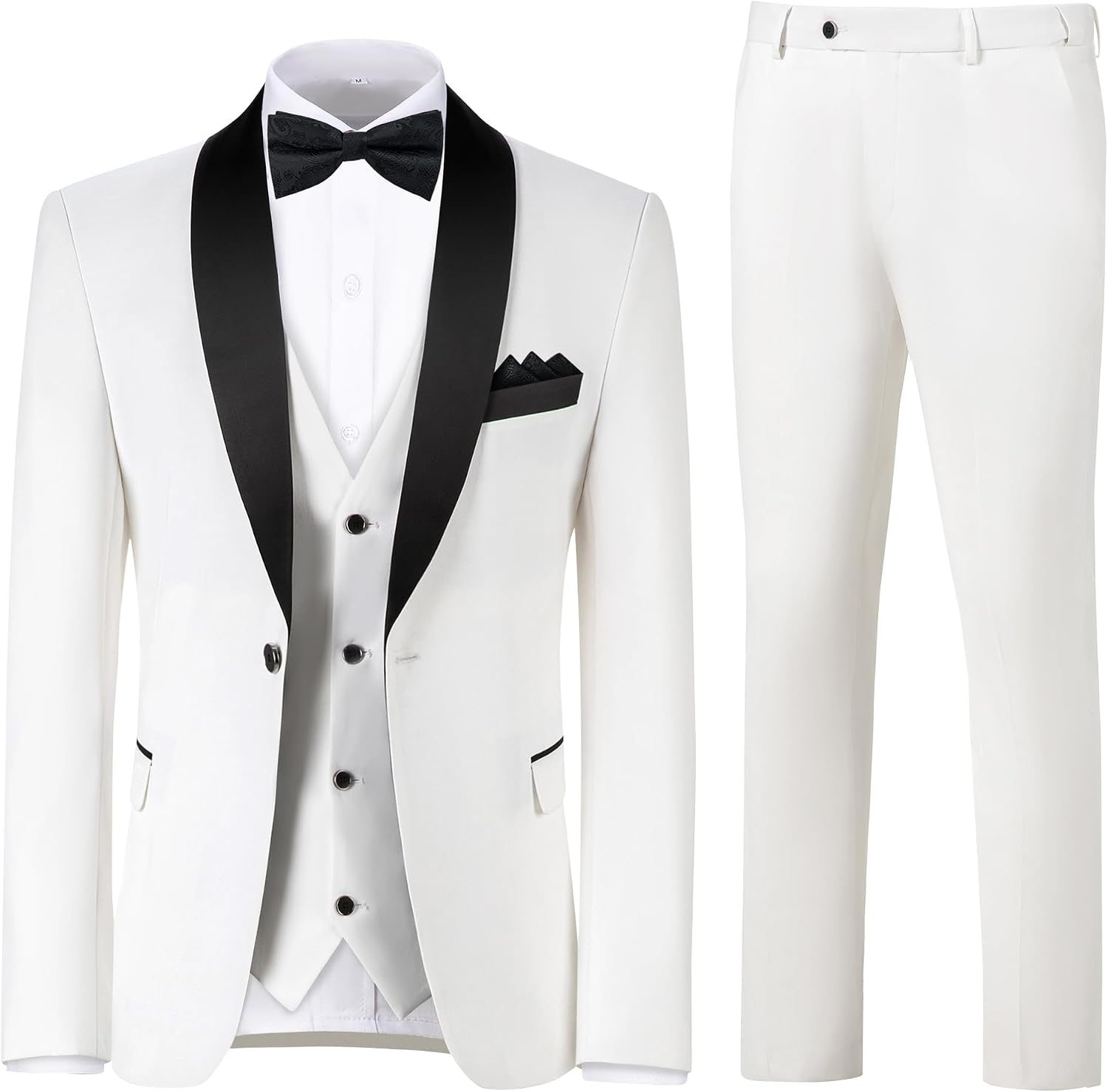 Men's 3 Piece Slim Fit Suit One Button Shawl Lapel Jacket Vest Pants Tuxedo Set with Bow Tie Pocket Square