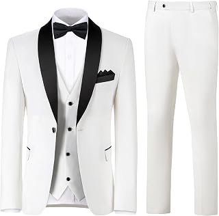 Men's 3 Piece Slim Fit Tuxedo with Bow Tie | One button,shawl lapel jacket vest and pants, slim fit with bow tie & pocket square, perfect for wedding prom formal events