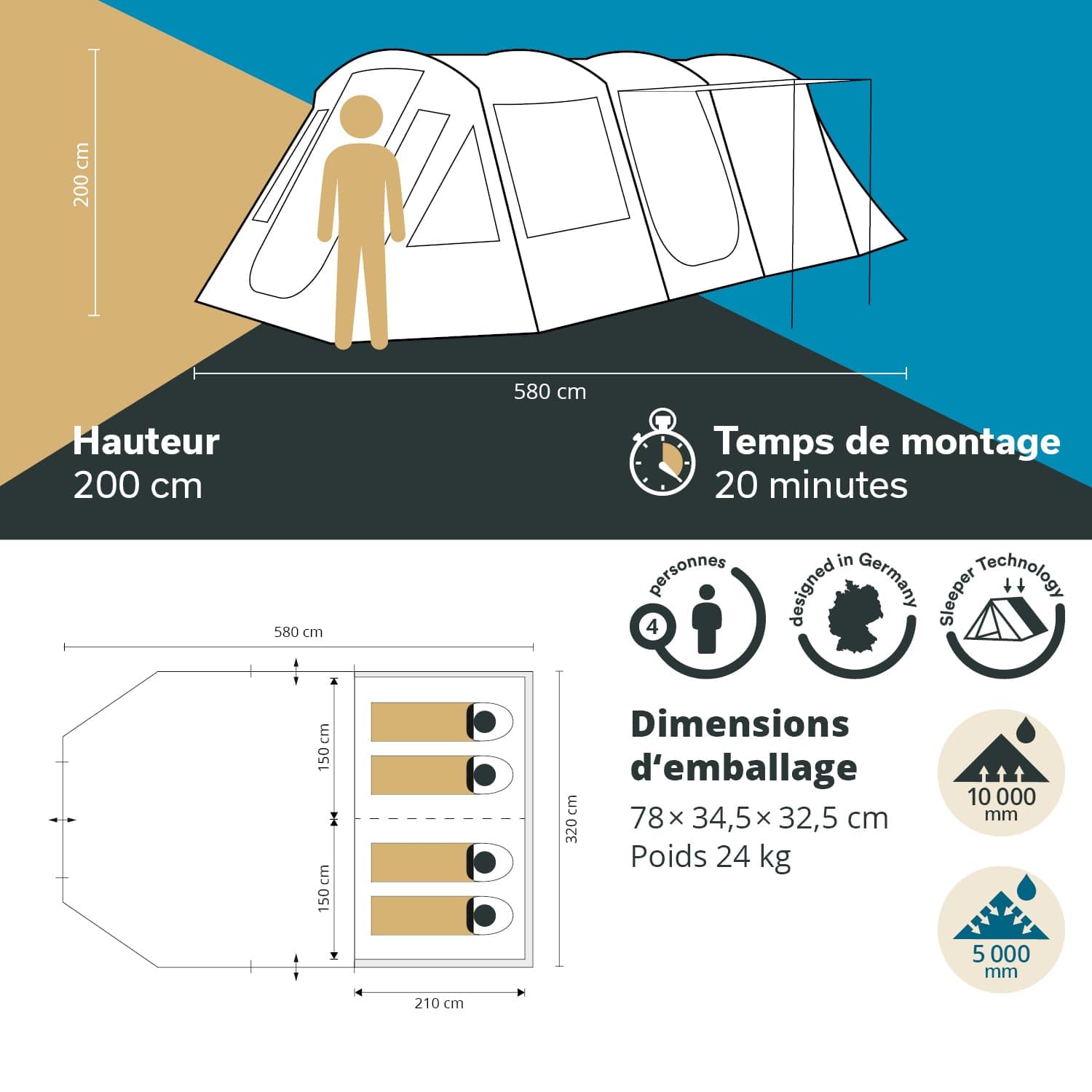skandika Nordland 4 - Tente familiale Tunnel - 4 Personnes - 580 x 320 cm - Tapis de Sol Cousu