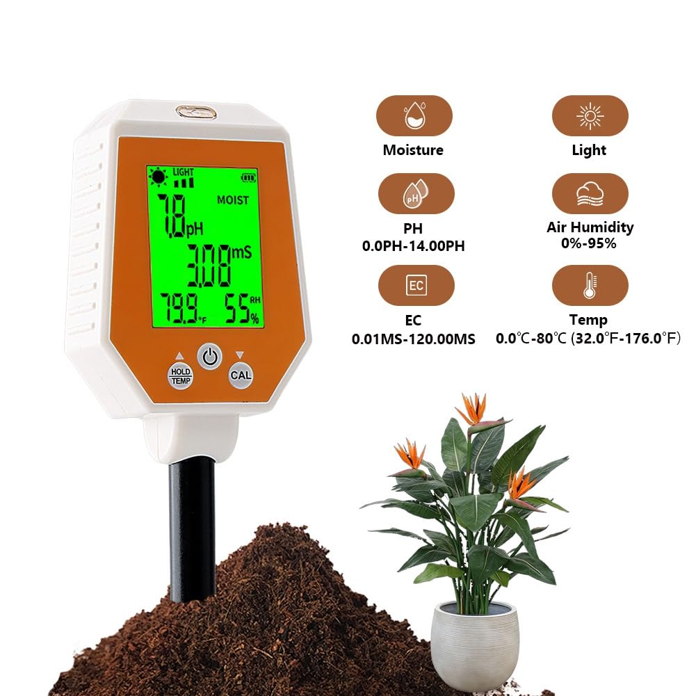 Tester gleby 6 w 1 PH/EC/wilgotność/światło słoneczne/wilgotność powietrza/temperatura PH-metr przewodności o wysokiej dokładności do ogrodnictwa i rolnictwa