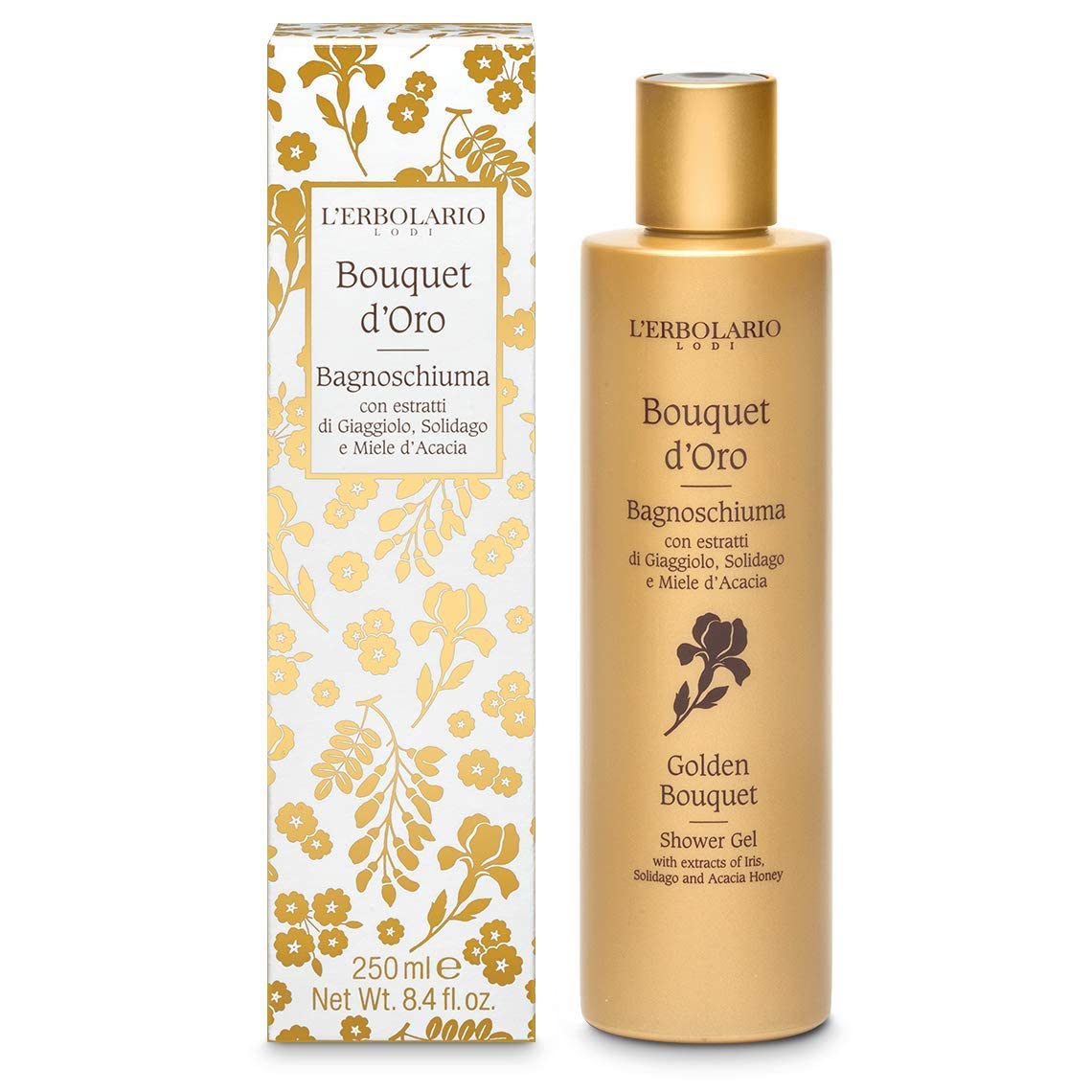 L' Erbolario - Bouquet d' Oro - Confezione regalo in scatola originale (bagnoschiuma, crema corpo, profumo, sapone) + in OMAGGIO Saponetta vegetale Florinda da 50 gr