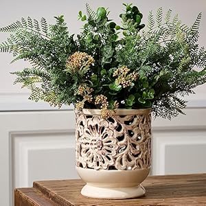 Farmhousekitchenutensilholderforcountertopceramiclargecookingutensilcrockwithcorkmatdecorativerusticutensilholderforkitchencounterhollowcarvingflowerbeige Urban Country Home Decor Farmhouse kitchen utensil holder for countertop ceramic large cooking utensil crock with cork mat decorative rustic utensil holder for kitchen counter hollow carving flower beige urban country home decor