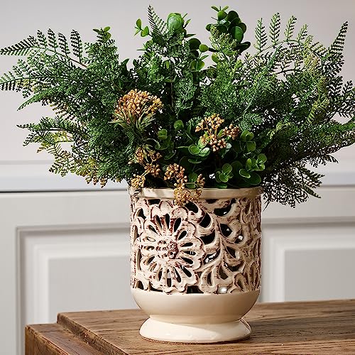 Farmhousekitchenutensilholderforcountertopceramiclargecookingutensilcrockwithcorkmatdecorativerusticutensilholderforkitchencounterhollowcarvingflowerbeige Urban Country Home Decor Farmhouse kitchen utensil holder for countertop ceramic large cooking utensil crock with cork mat decorative rustic utensil holder for kitchen counter hollow carving flower beige urban country home decor